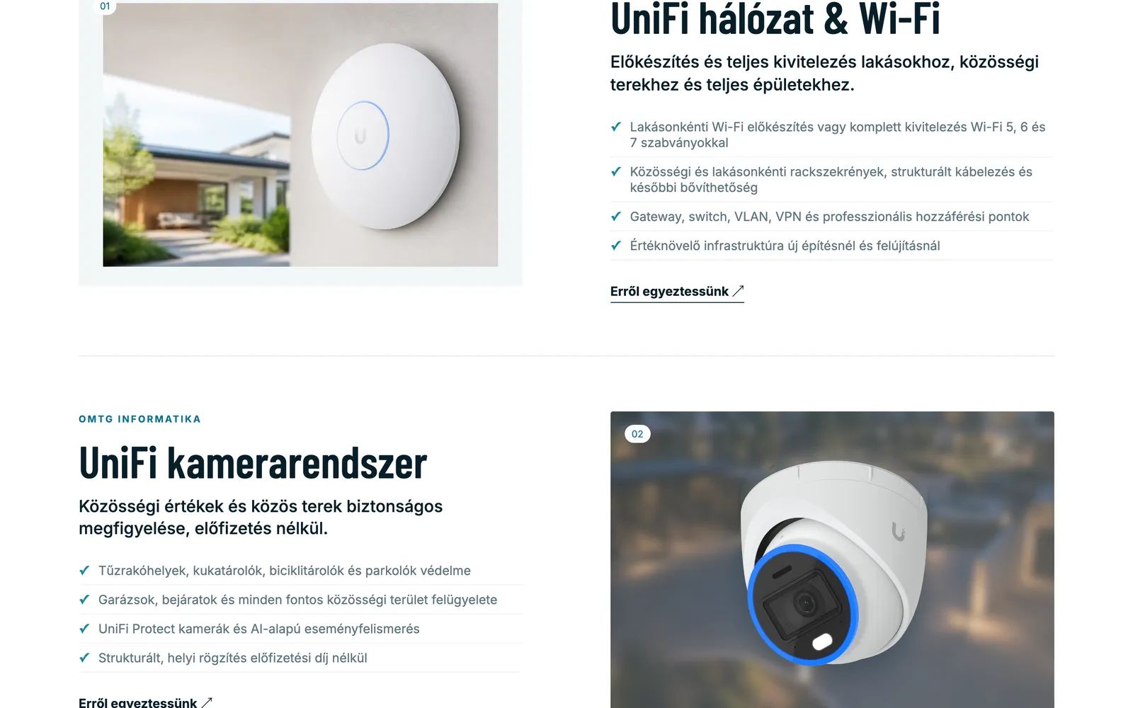 Szolgáltatásblokkok termékképekkel és „Erről egyeztessünk" CTA-val